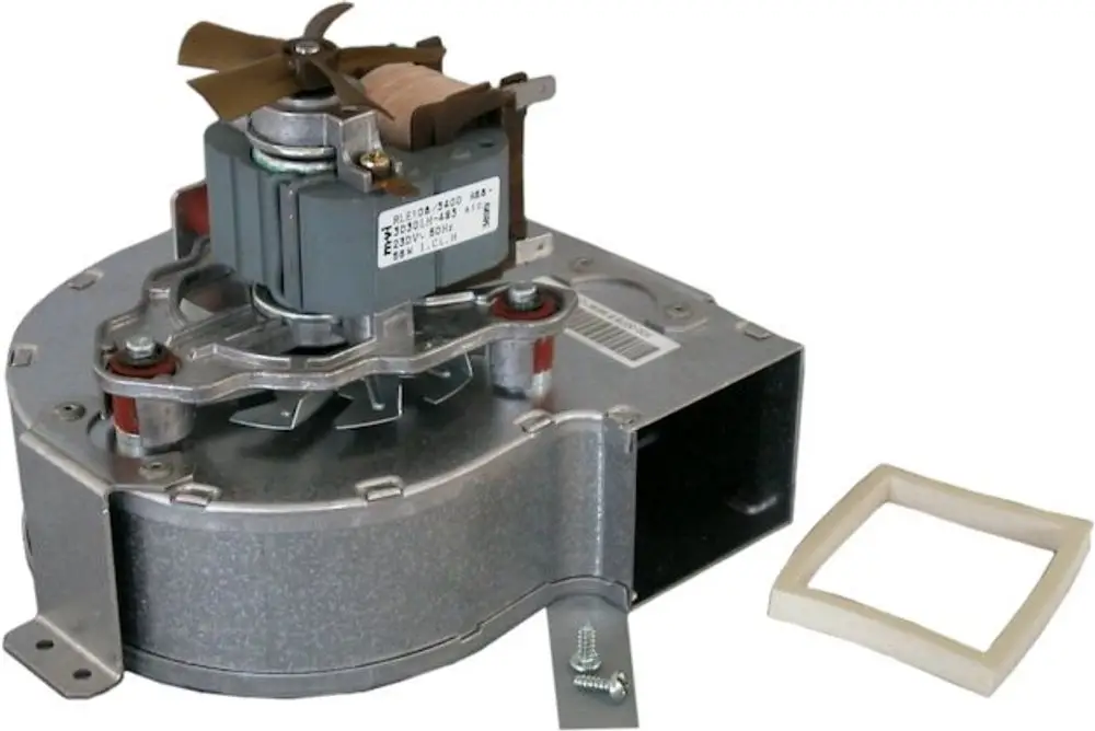 Bosch-Gebläse mit einem Motor und einem Ventilator, aus Metall gefertigt, zur Luftzirkulation in Geräten. Enthält eine Dichtung und Montageschraube.